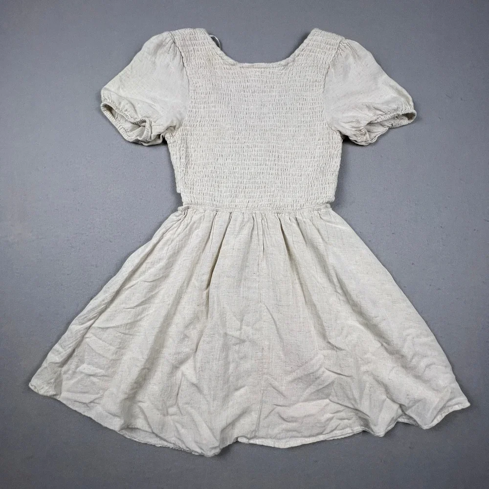 Spektor Jeans Dress Womens Small Oatmeal Linen Blend‎ Smocked Cut-Out Boho Mini
